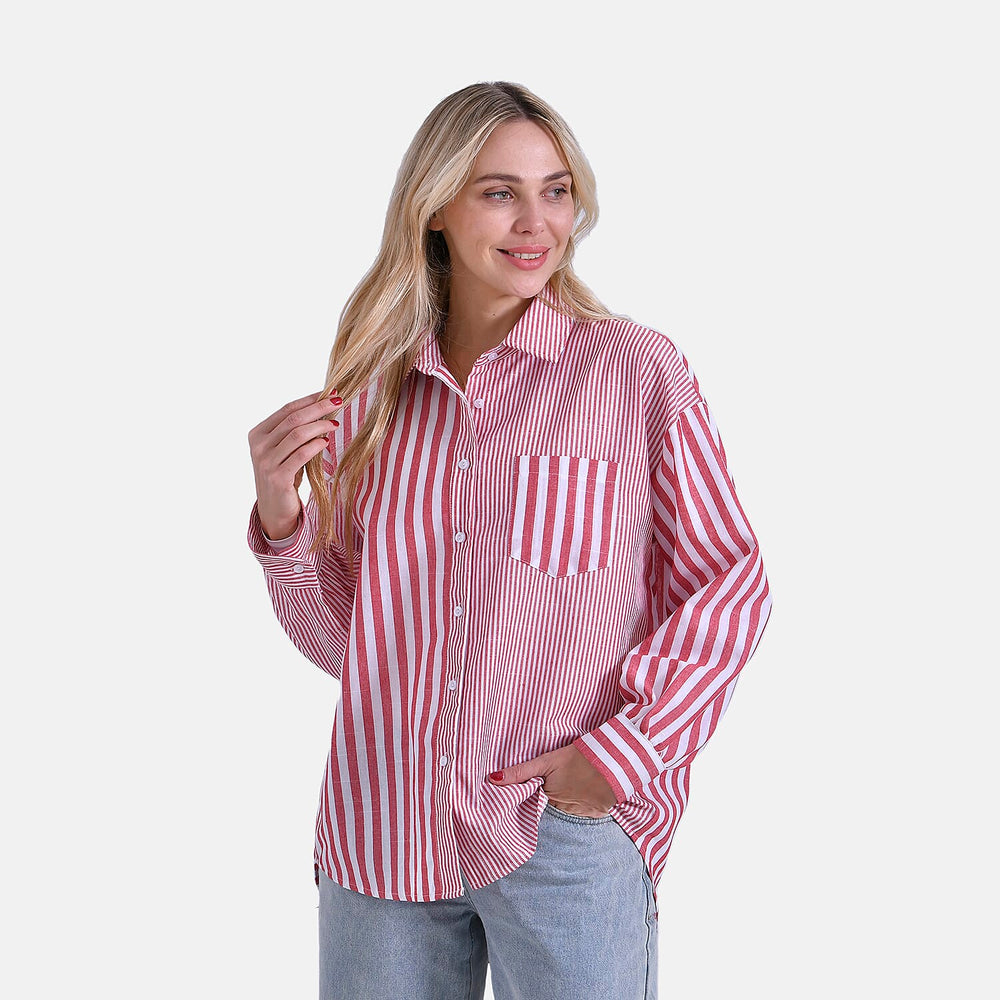 - Maisi Relaxed Fit Striped Long Sleeve Button Down Shirt (Size S) - Red