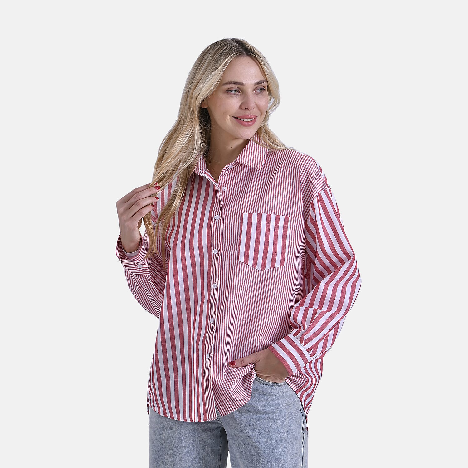 - Maisi Relaxed Fit Striped Long Sleeve Button Down Shirt (Size S) - Red