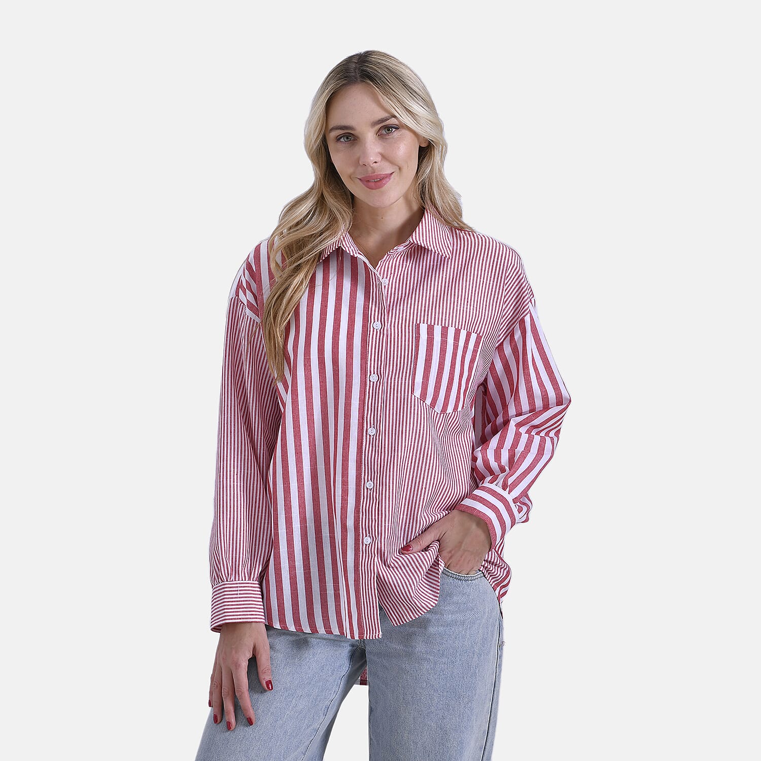 - Maisi Relaxed Fit Striped Long Sleeve Button Down Shirt (Size S) - Red