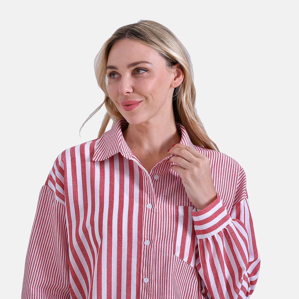 - Maisi Relaxed Fit Striped Long Sleeve Button Down Shirt (Size S) - Red