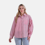 - Maisi Relaxed Fit Striped Long Sleeve Button Down Shirt (Size XL) - Red