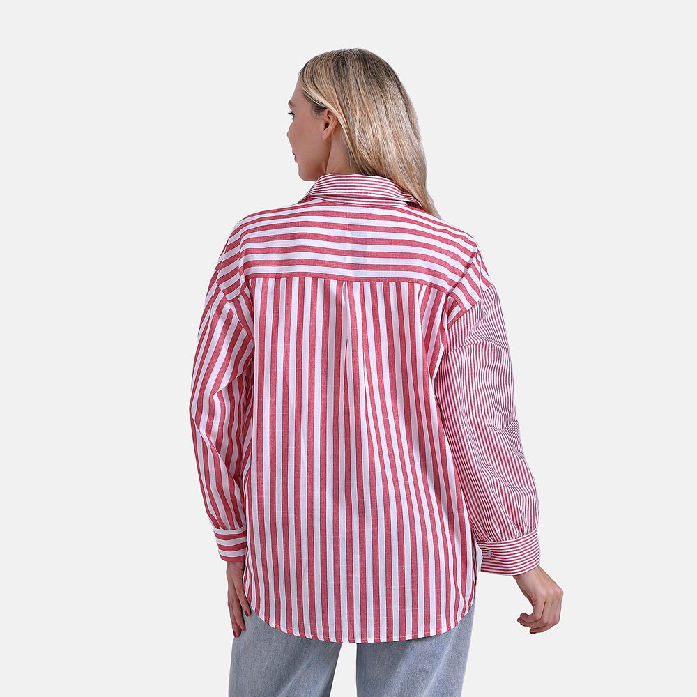 - Maisi Relaxed Fit Striped Long Sleeve Button Down Shirt (Size XL) - Red