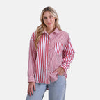 - Maisi Relaxed Fit Striped Long Sleeve Button Down Shirt (Size XL) - Red