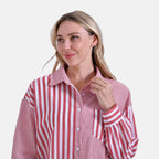 - Maisi Relaxed Fit Striped Long Sleeve Button Down Shirt (Size XL) - Red