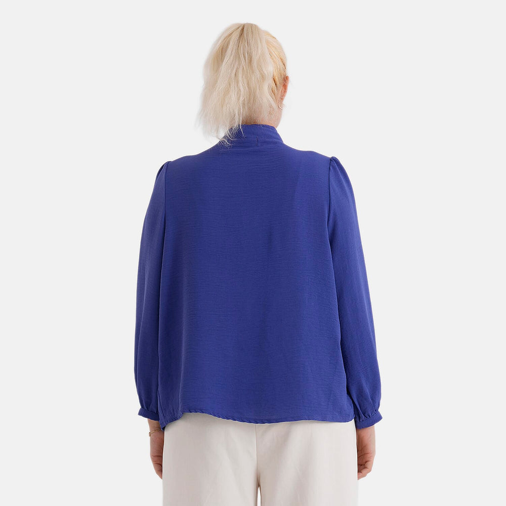 - Maisi Long-Sleeved Pussy-Bow Tie Neck V-Neck Blouse (Size L, Fit 16 To 18) - Blue