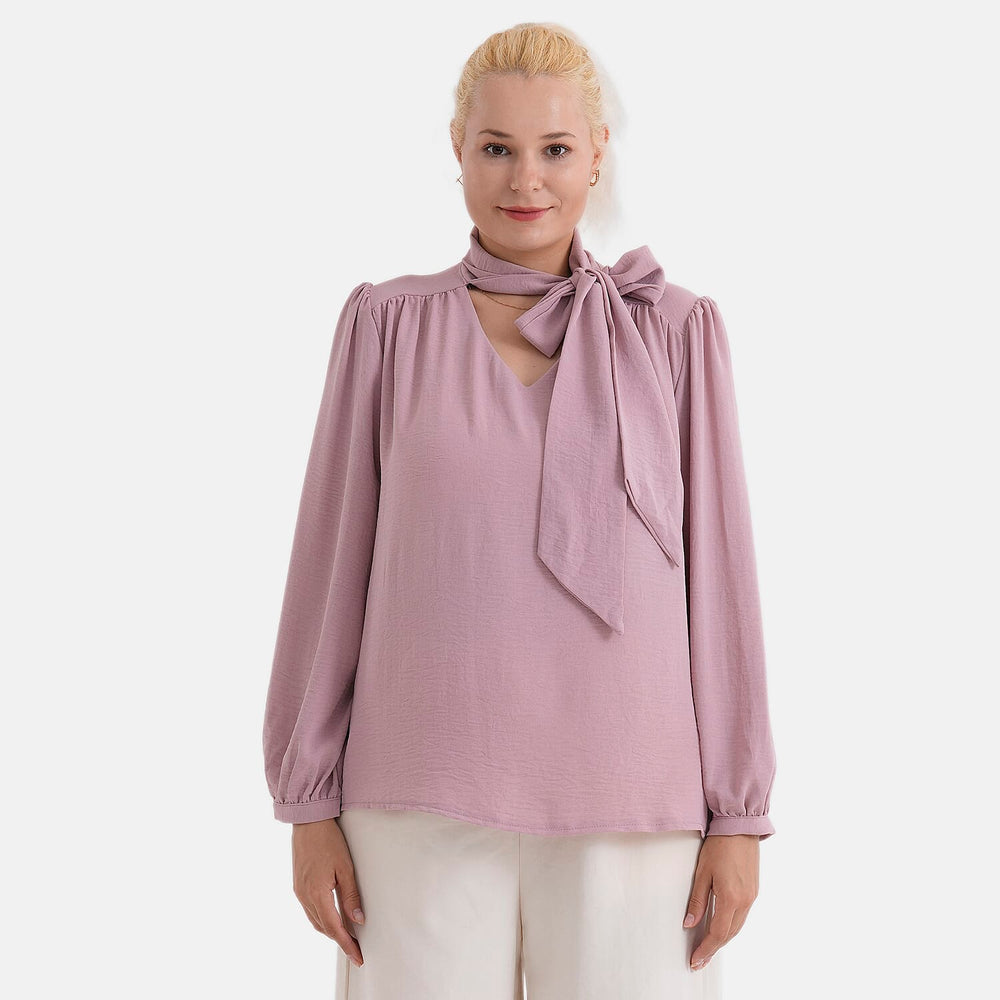 - Maisi Long-Sleeved Pussy-Bow Tie Neck V-Neck Blouse (Size L, Fit 16 To 18) - Pink