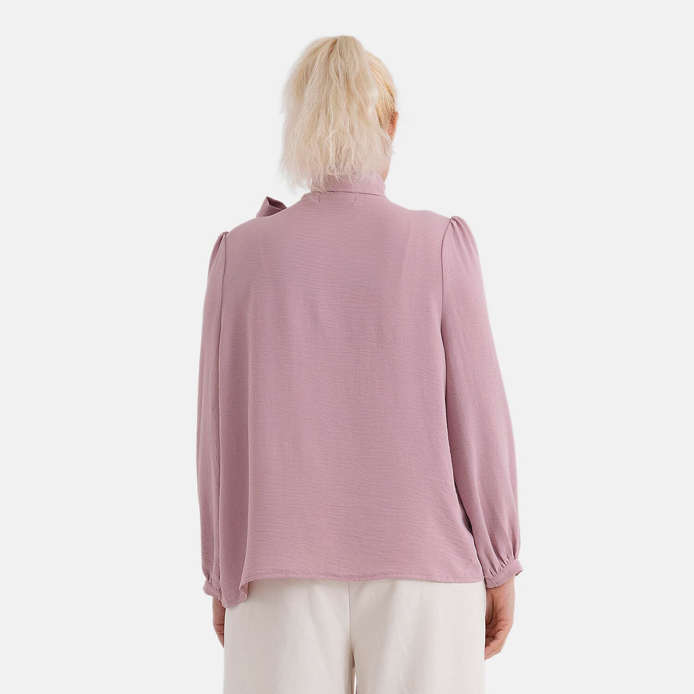 - Maisi Long-Sleeved Pussy-Bow Tie Neck V-Neck Blouse (Size L, Fit 16 To 18) - Pink