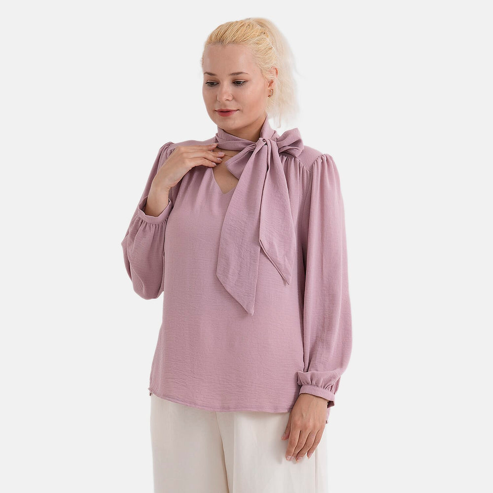 - Maisi Long-Sleeved Pussy-Bow Tie Neck V-Neck Blouse (Size L, Fit 16 To 18) - Pink
