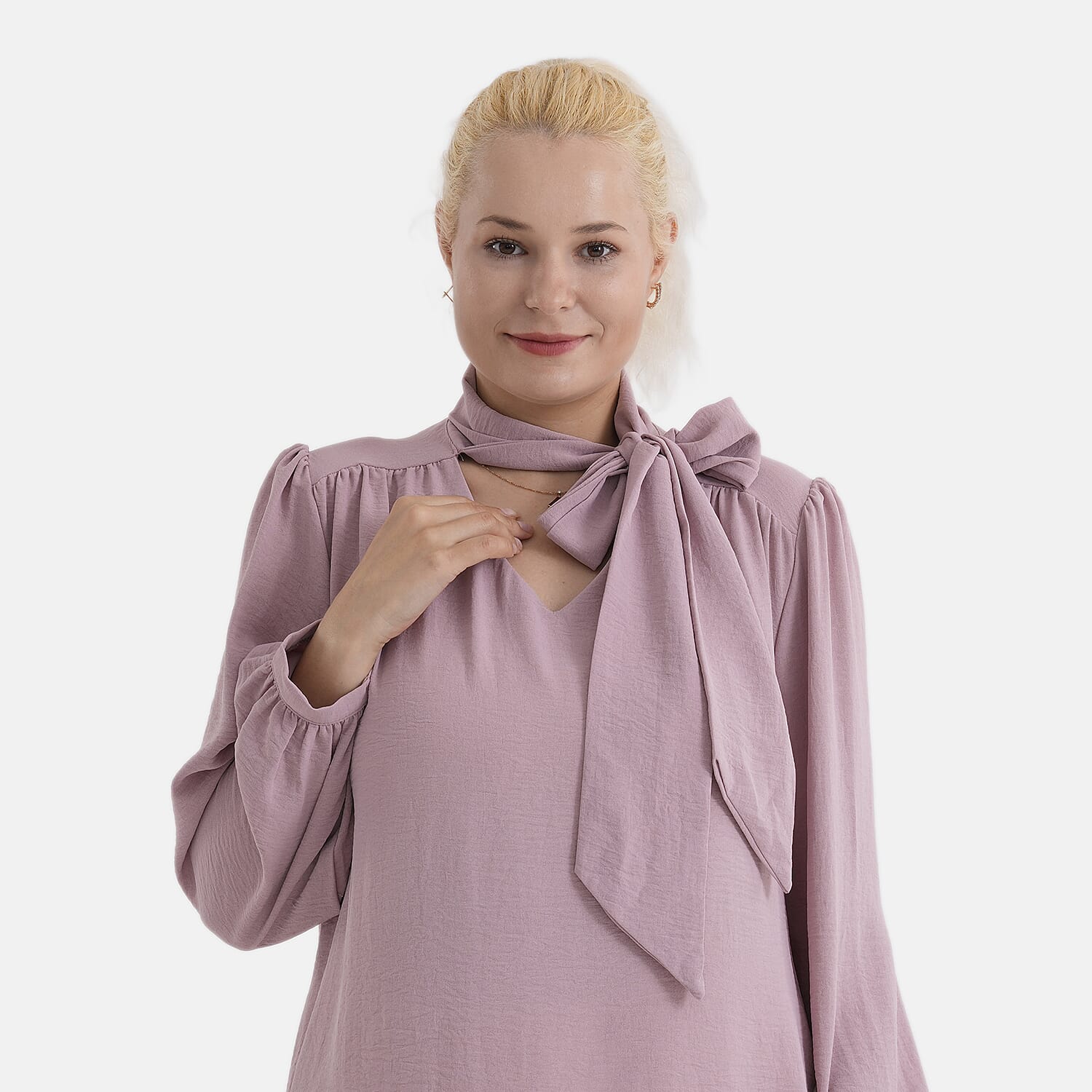 - Maisi Long-Sleeved Pussy-Bow Tie Neck V-Neck Blouse (Size L, Fit 16 To 18) - Pink
