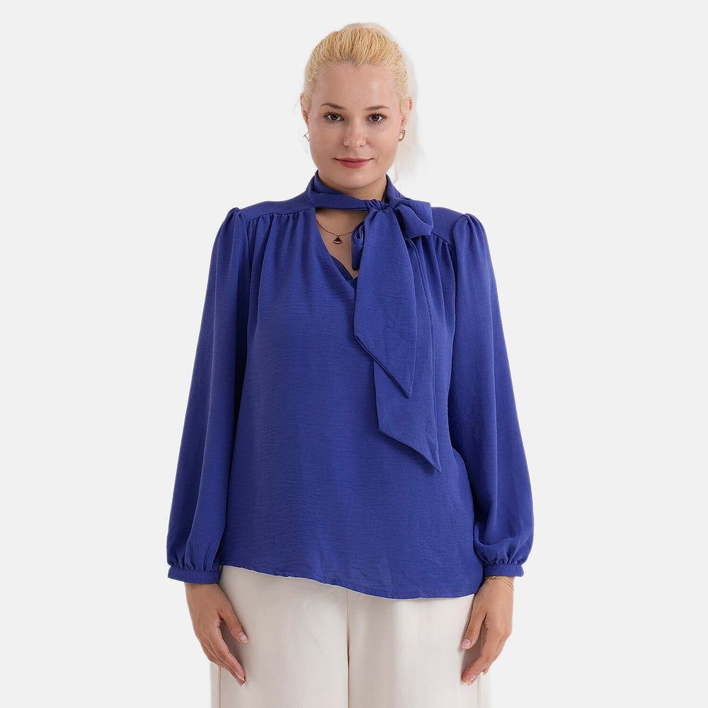 - Maisi Long-Sleeved Pussy-Bow Tie Neck V-Neck Blouse (Size M, Fit 12 To 14) - Blue