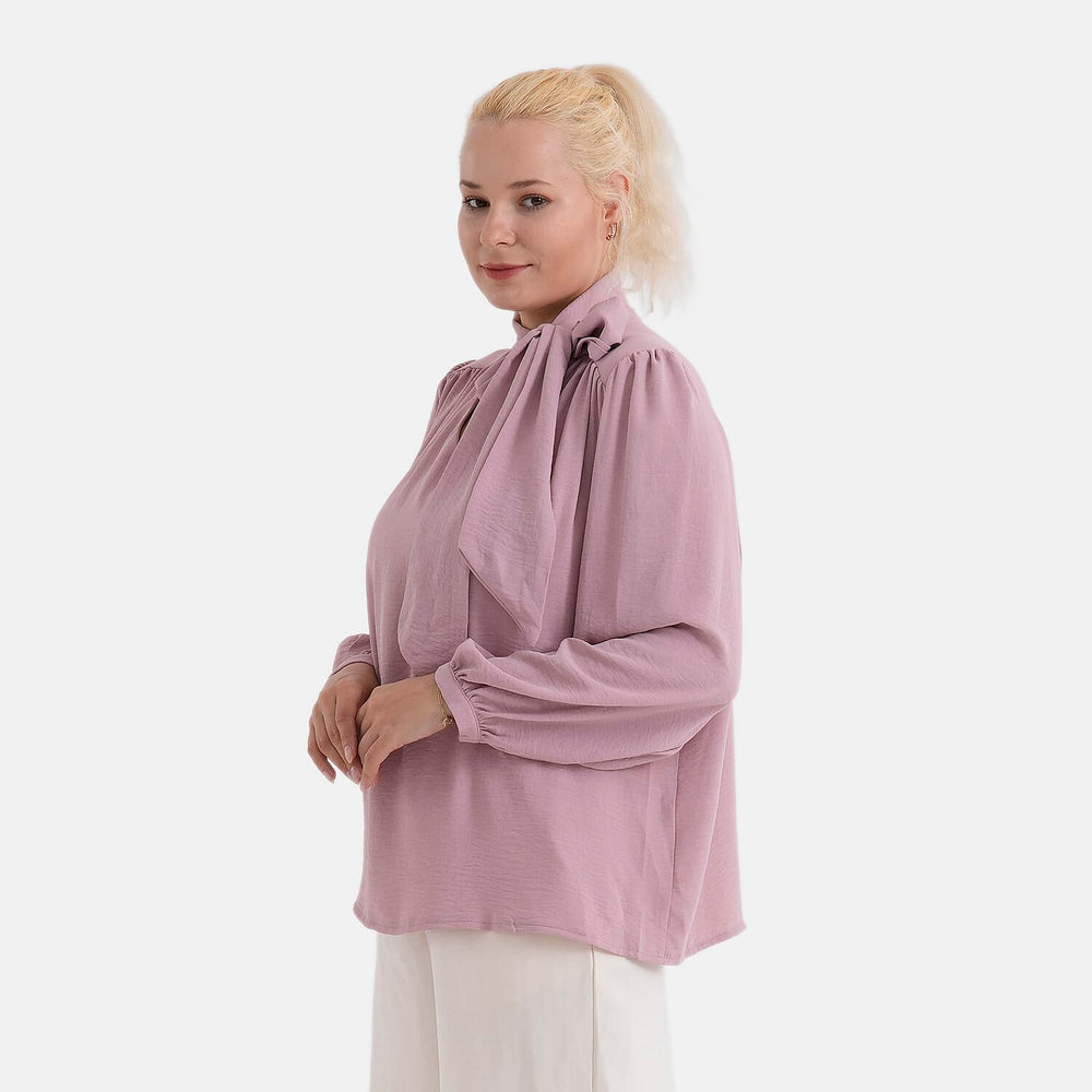 - Maisi Long-Sleeved Pussy-Bow Tie Neck V-Neck Blouse (Size M, Fit 12 To 14) - Pink