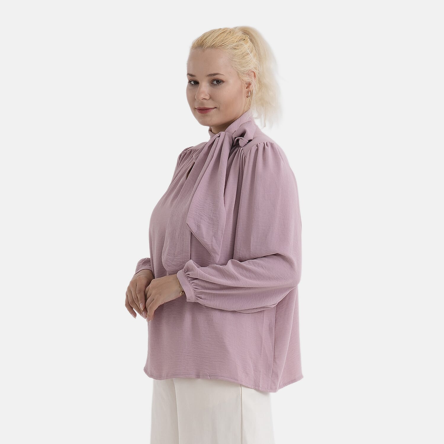 - Maisi Long-Sleeved Pussy-Bow Tie Neck V-Neck Blouse (Size M, Fit 12 To 14) - Pink