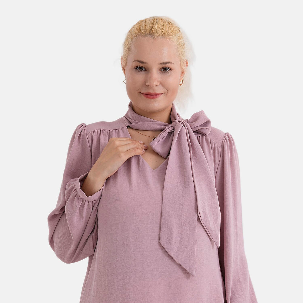 - Maisi Long-Sleeved Pussy-Bow Tie Neck V-Neck Blouse (Size M, Fit 12 To 14) - Pink