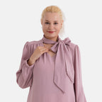 - Maisi Long-Sleeved Pussy-Bow Tie Neck V-Neck Blouse (Size M, Fit 12 To 14) - Pink