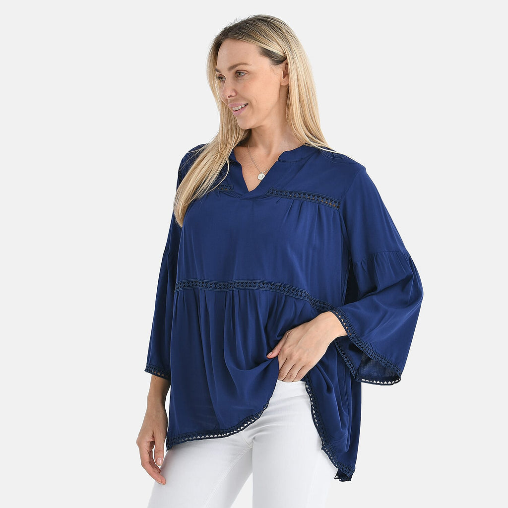 - Maisi Rayon Boho V-Neck Tunic Top (One Size, 10 to 20) - Black