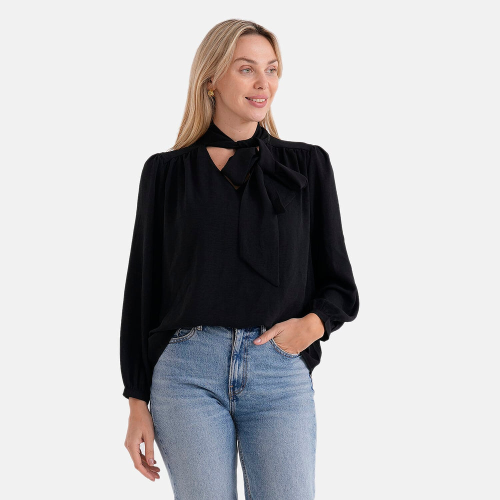 THE BIG LAUNCH - - Maisi Tie-Neck Long-Sleeve Blouse (Size - S) - Black