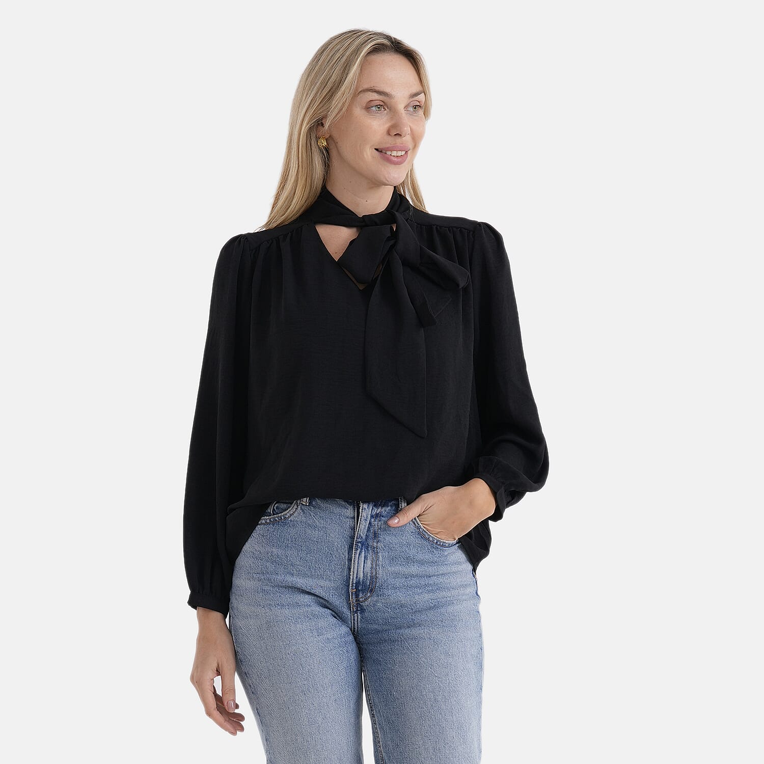 THE BIG LAUNCH - - Maisi Tie-Neck Long-Sleeve Blouse (Size - S) - Black
