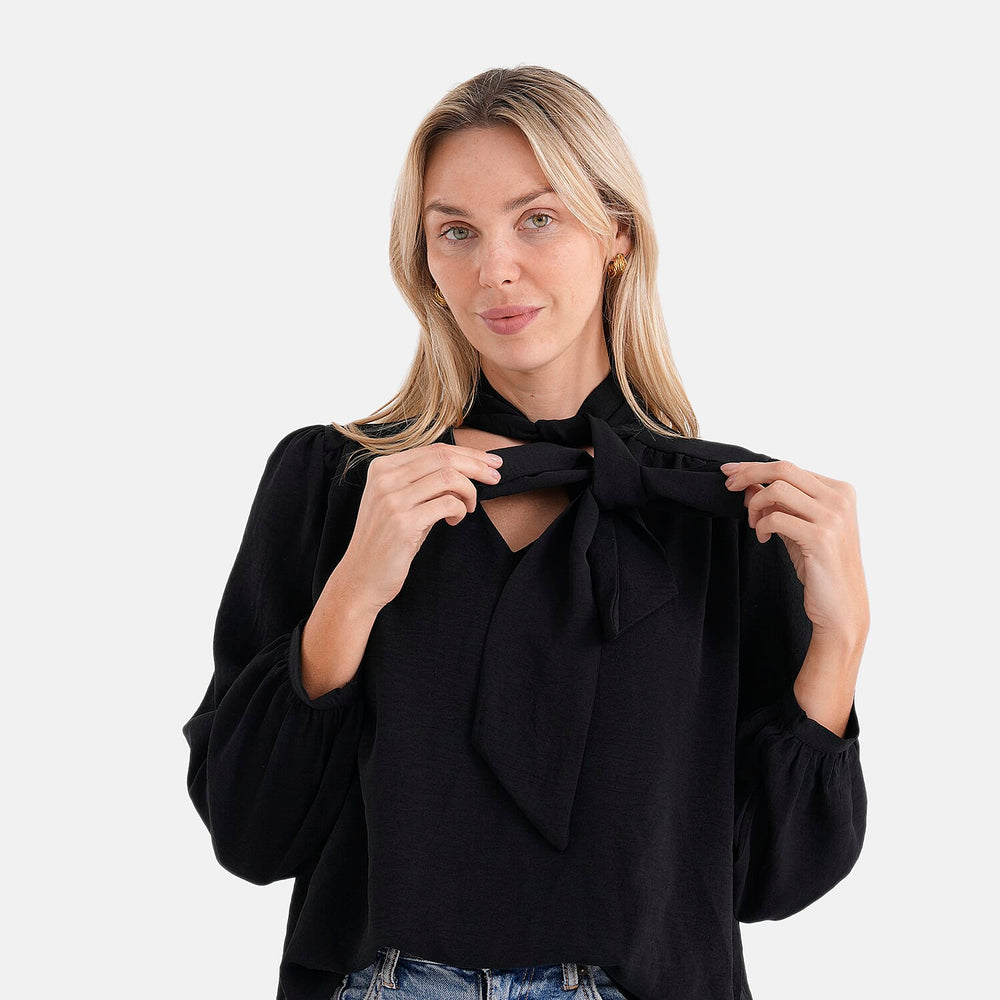 THE BIG LAUNCH - - Maisi Tie-Neck Long-Sleeve Blouse (Size - S) - Black