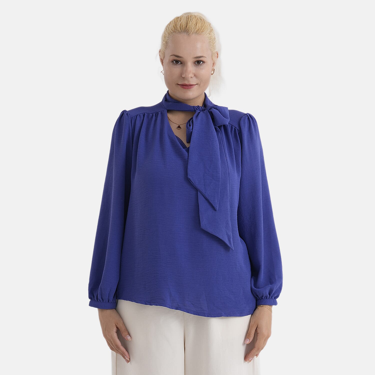 - Maisi Long-Sleeved Pussy-Bow Tie Neck V-Neck Blouse (Size S, Fit 8 To 10) - Blue