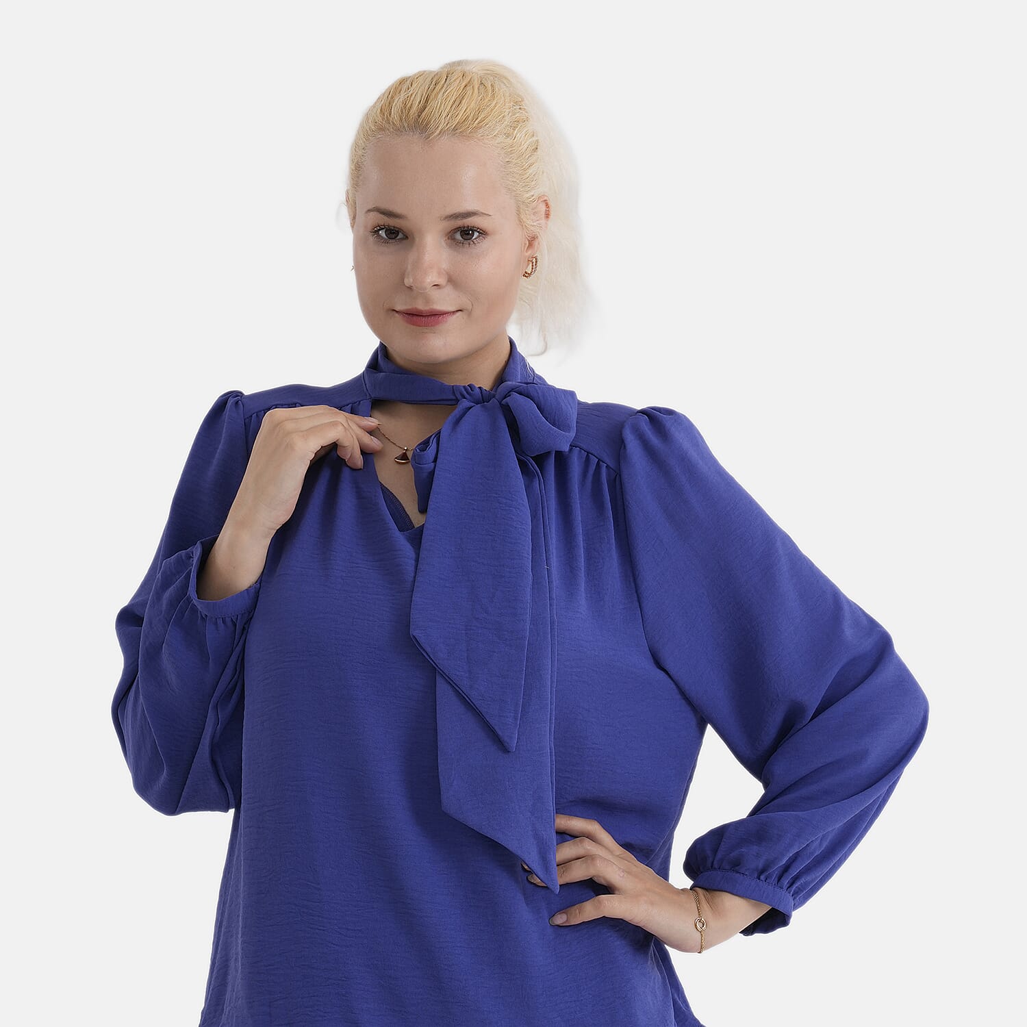 - Maisi Long-Sleeved Pussy-Bow Tie Neck V-Neck Blouse (Size S, Fit 8 To 10) - Blue
