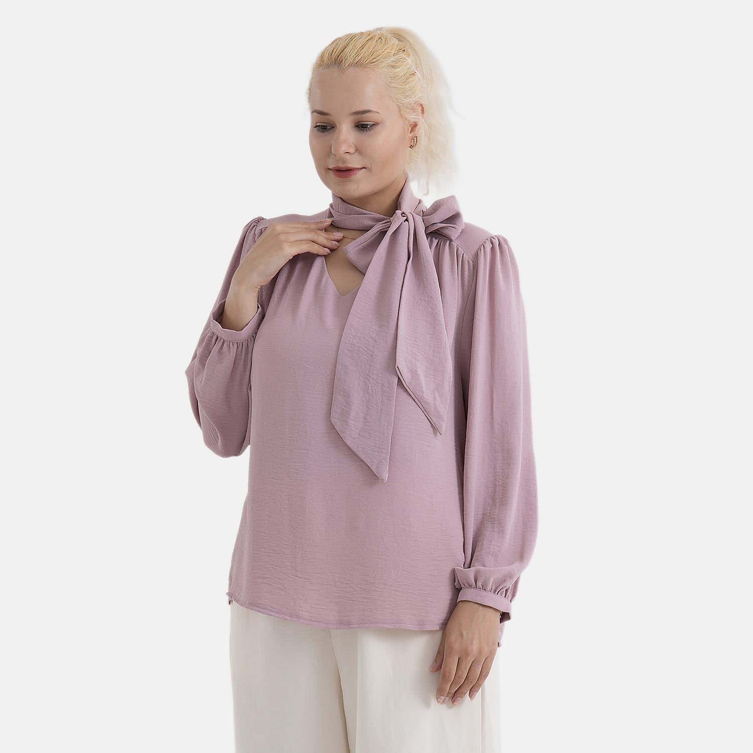 - Maisi Long-Sleeved Pussy-Bow Tie Neck V-Neck Blouse (Size S, Fit 8 To 10) - Pink