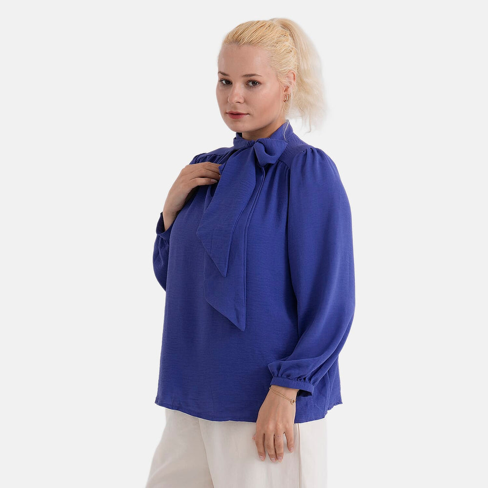 - Maisi Long-Sleeved Pussy-Bow Tie Neck V-Neck Blouse (Size XL, Fit 20 To 22) - Blue