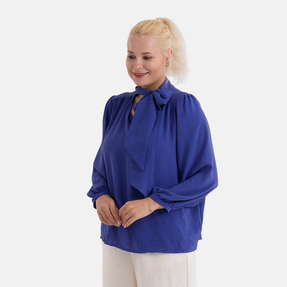 - Maisi Long-Sleeved Pussy-Bow Tie Neck V-Neck Blouse (Size XL, Fit 20 To 22) - Blue