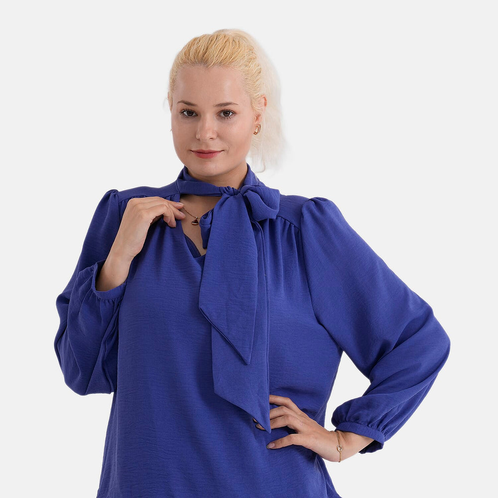 - Maisi Long-Sleeved Pussy-Bow Tie Neck V-Neck Blouse (Size XL, Fit 20 To 22) - Blue