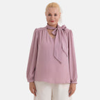 - Maisi Long-Sleeved Pussy-Bow Tie Neck V-Neck Blouse (Size XL, Fit 20 To 22) - Pink