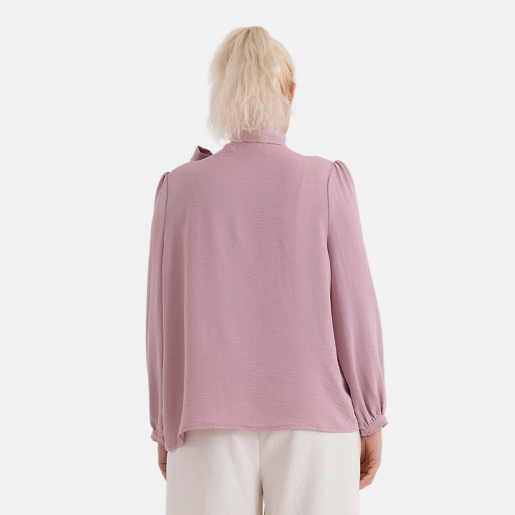 - Maisi Long-Sleeved Pussy-Bow Tie Neck V-Neck Blouse (Size XL, Fit 20 To 22) - Pink