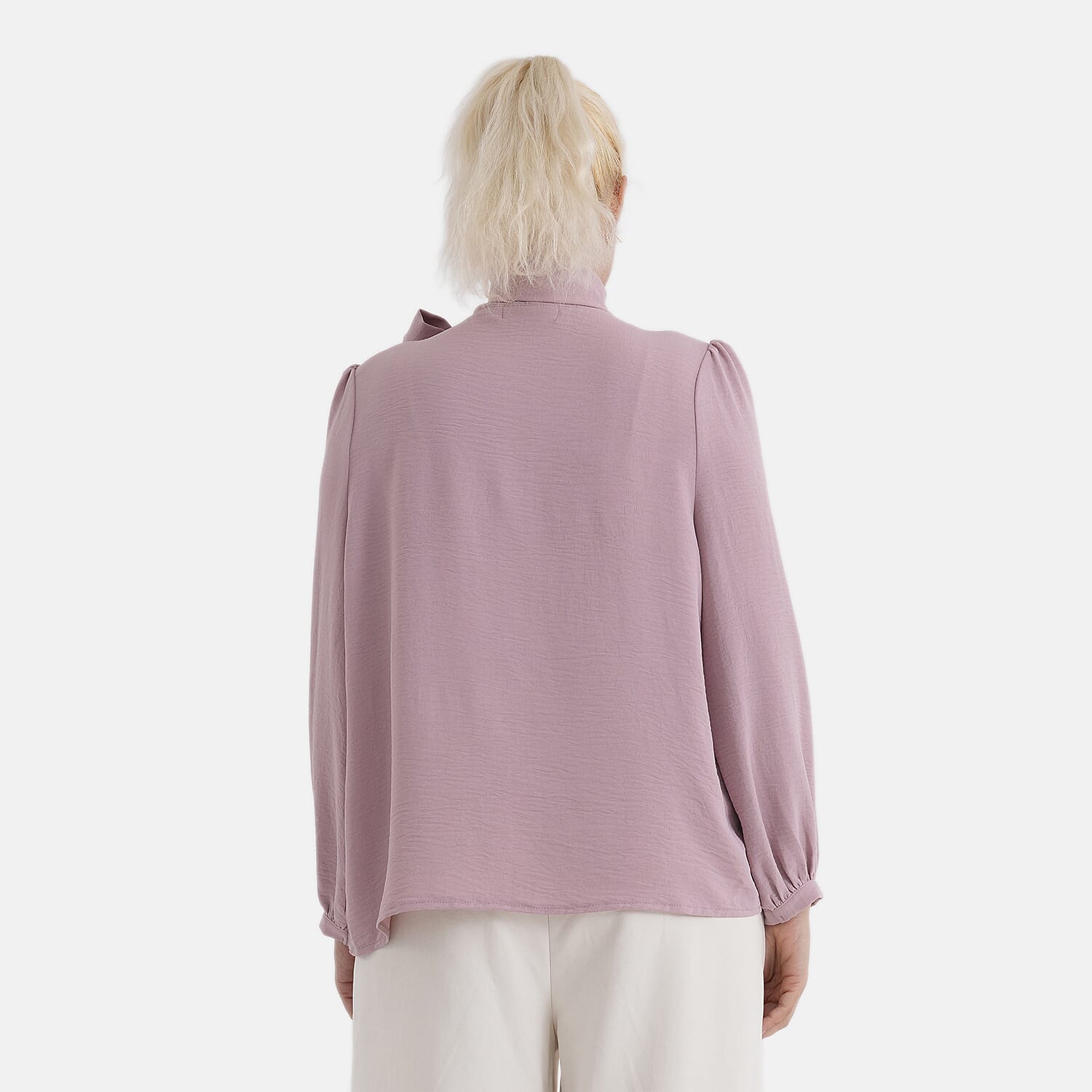 - Maisi Long-Sleeved Pussy-Bow Tie Neck V-Neck Blouse (Size XL, Fit 20 To 22) - Pink