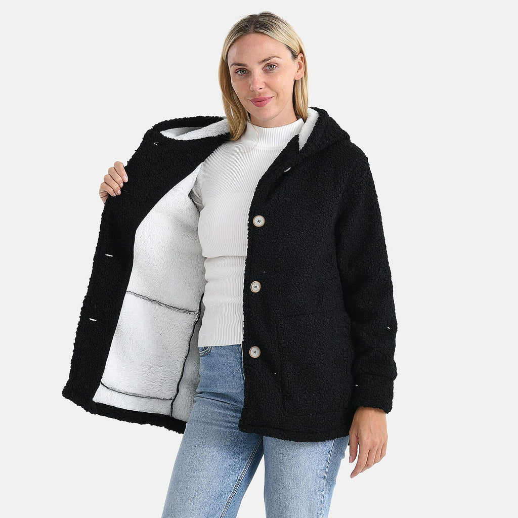 & maisi Women’s Ultra-Warm Bouclé Hooded Coat with Button Front & Pockets