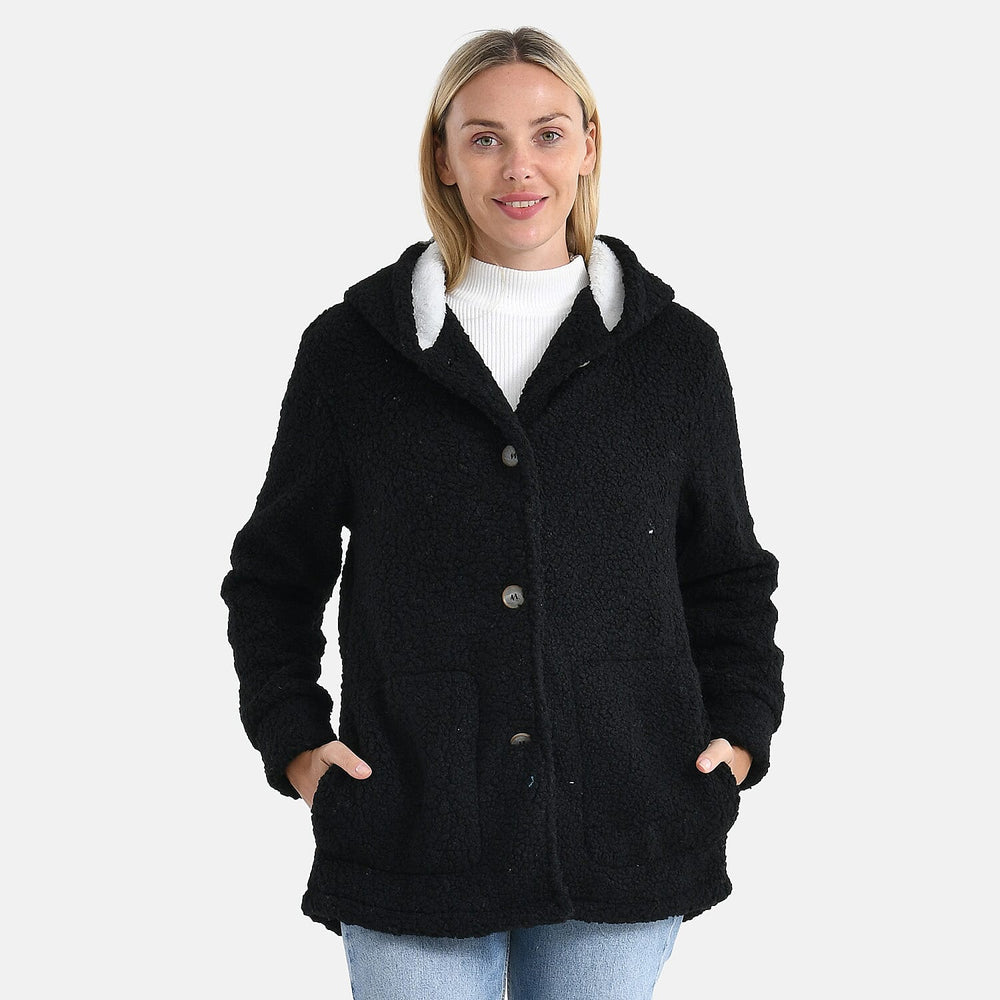 & maisi Women’s Ultra-Warm Bouclé Hooded Coat with Button Front & Pockets