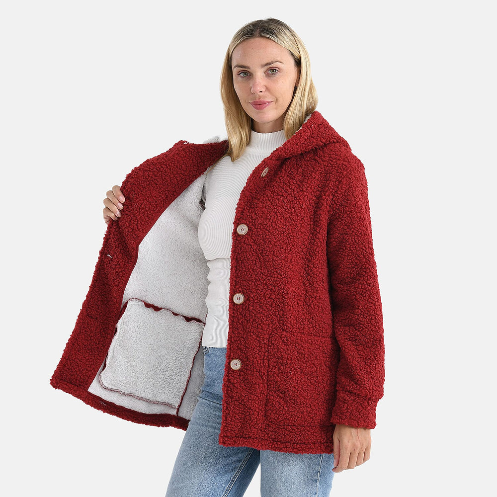 & maisi Women’s Ultra-Warm Bouclé Hooded Coat with Button Front & Pockets