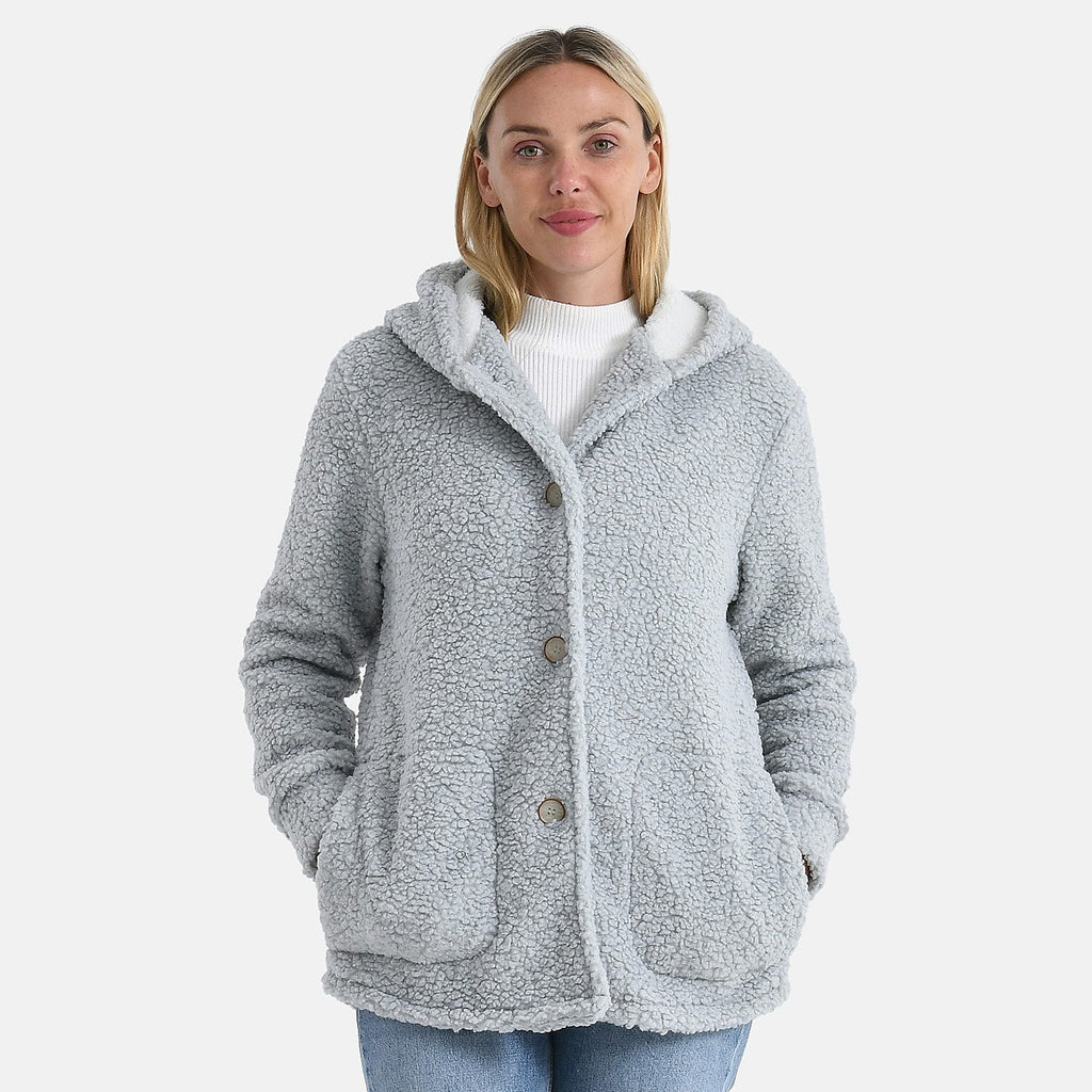 BIGGEST FASHION OFFER - Designer Inspired - Maisi Ultra Warm - Cozy Boucle Coat With Hood (Size S) - Grey