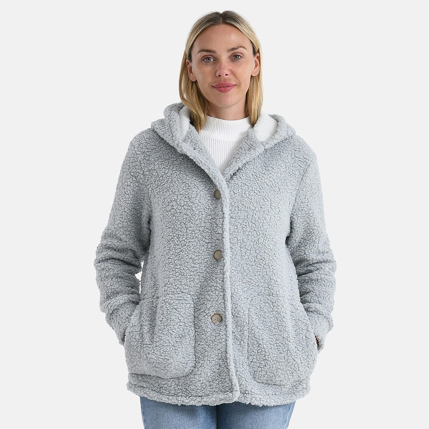 BIGGEST FASHION OFFER - Designer Inspired - Maisi Ultra Warm - Cozy Boucle Coat With Hood (Size S) - Grey