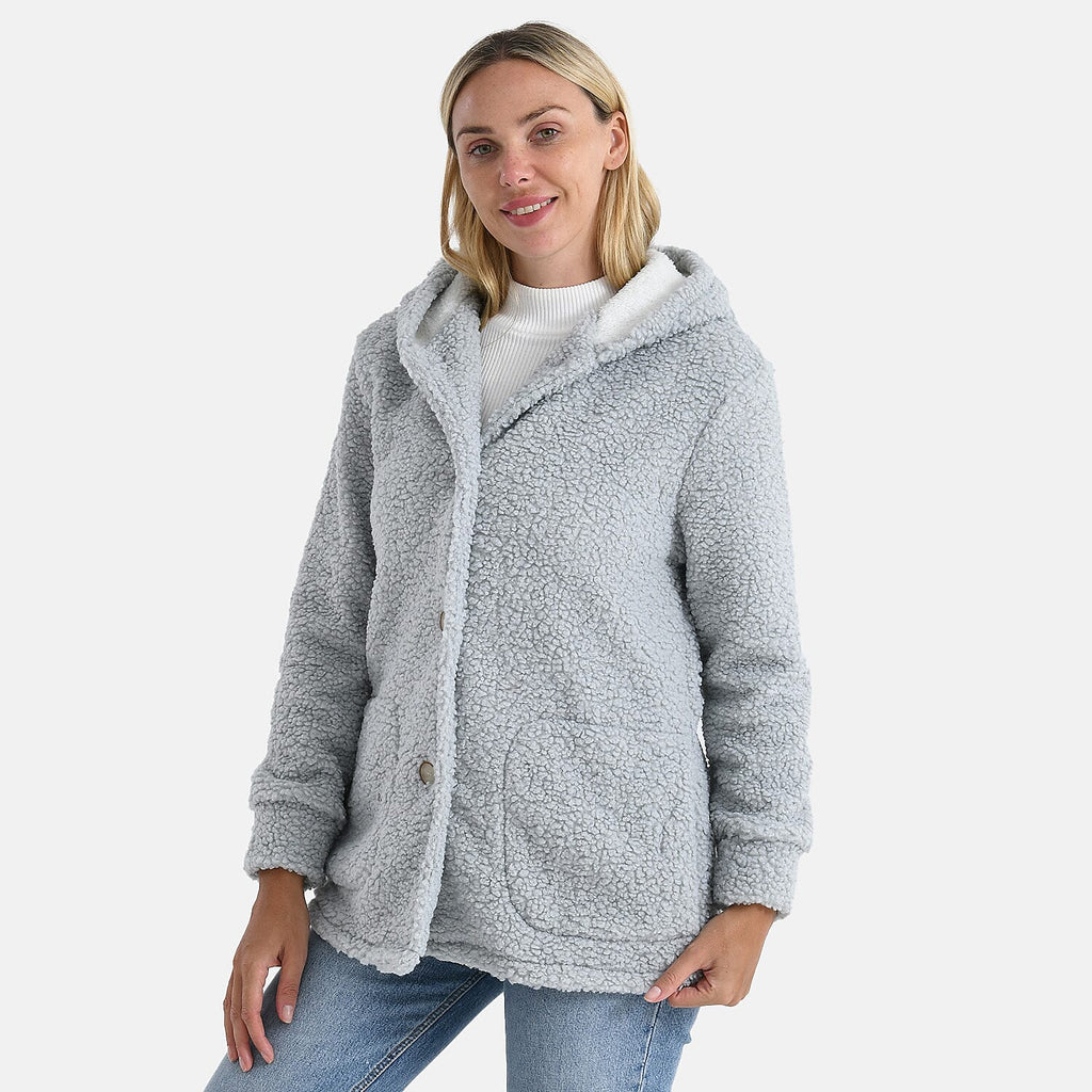 BIGGEST FASHION OFFER - Designer Inspired - Maisi Ultra Warm - Cozy Boucle Coat With Hood (Size S) - Grey