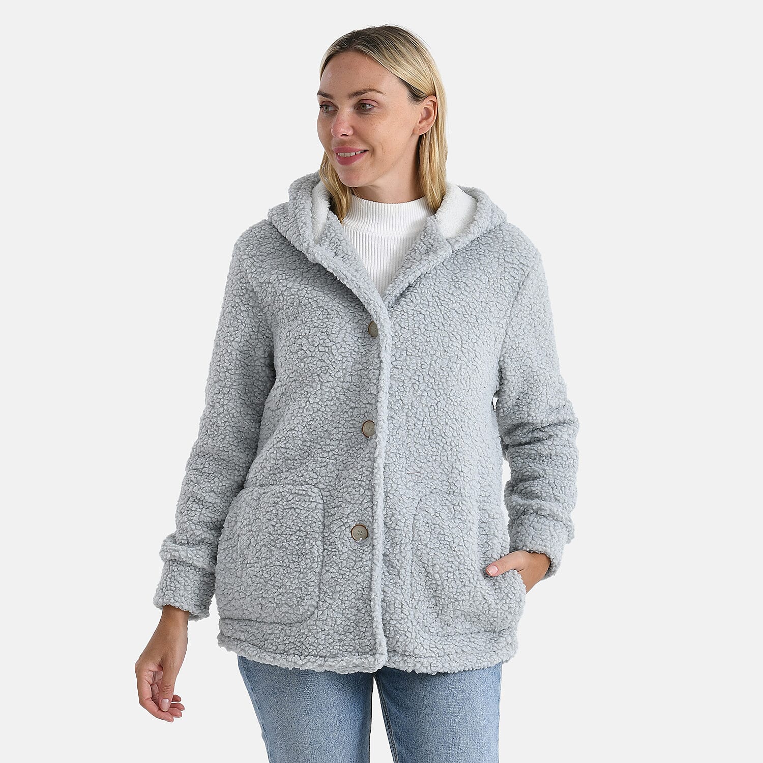 BIGGEST FASHION OFFER - Designer Inspired - Maisi Ultra Warm - Cozy Boucle Coat With Hood (Size S) - Grey
