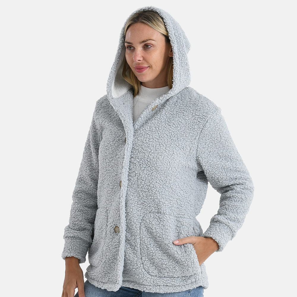 BIGGEST FASHION OFFER - Designer Inspired - Maisi Ultra Warm - Cozy Boucle Coat With Hood (Size S) - Grey