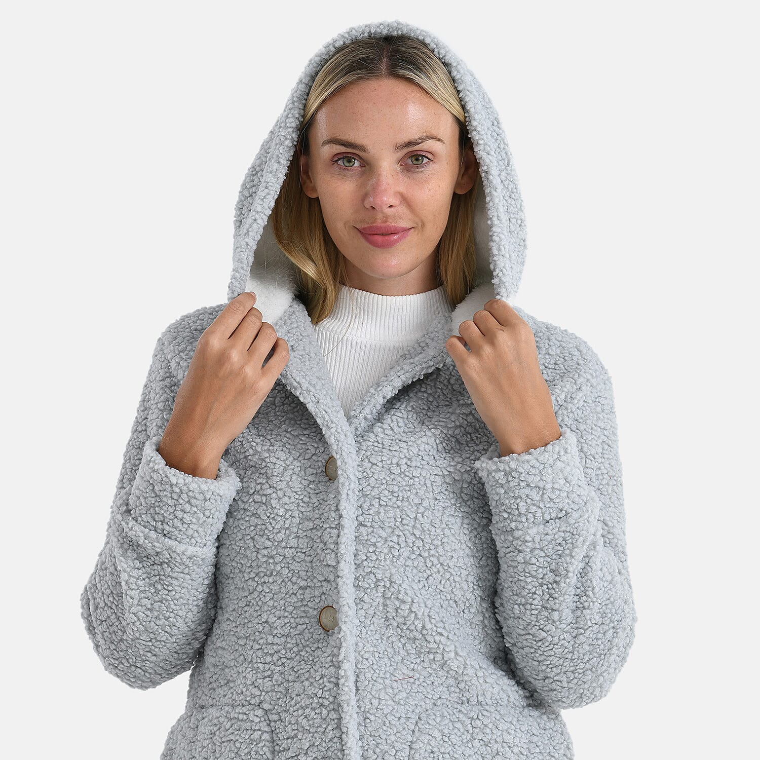 BIGGEST FASHION OFFER - Designer Inspired - Maisi Ultra Warm - Cozy Boucle Coat With Hood (Size S) - Grey