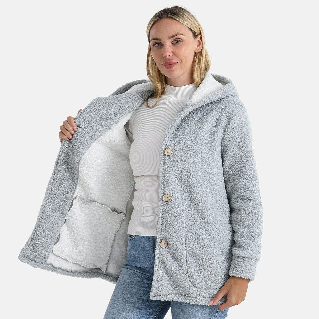 BIGGEST FASHION OFFER - Designer Inspired - Maisi Ultra Warm - Cozy Boucle Coat With Hood (Size S) - Grey