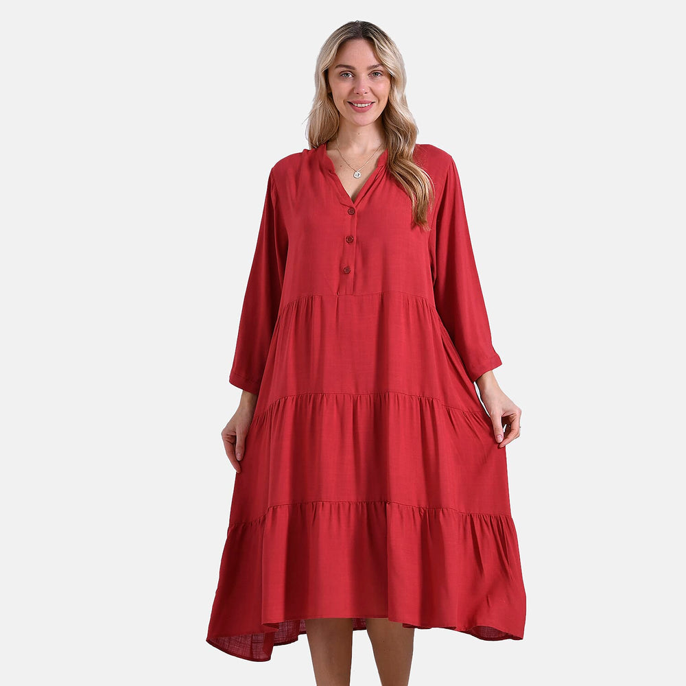 - Maisi Flowy Boho V-Neck Tiered Dress (One Size) - Orange