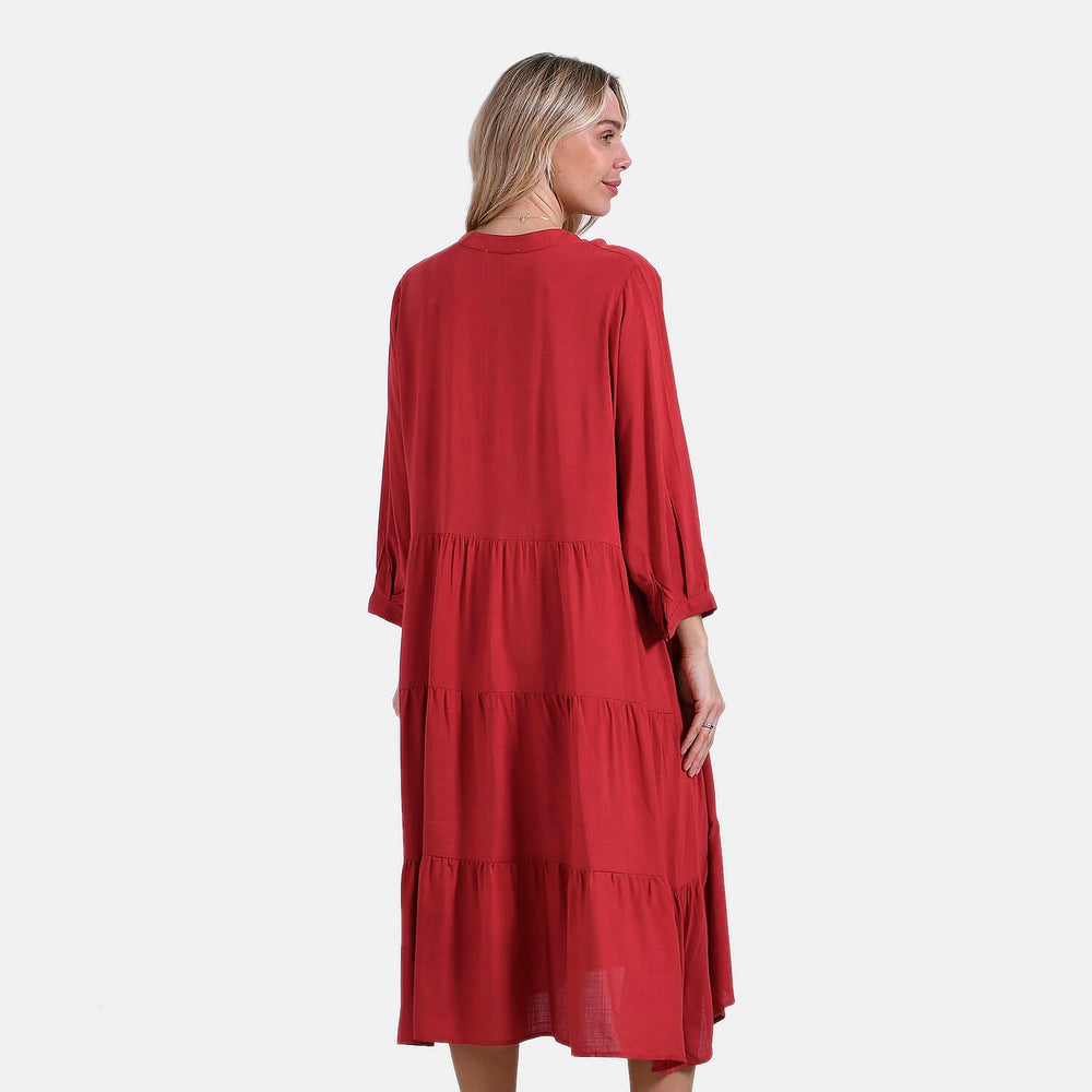 - Maisi Flowy Boho V-Neck Tiered Dress (One Size) - Orange
