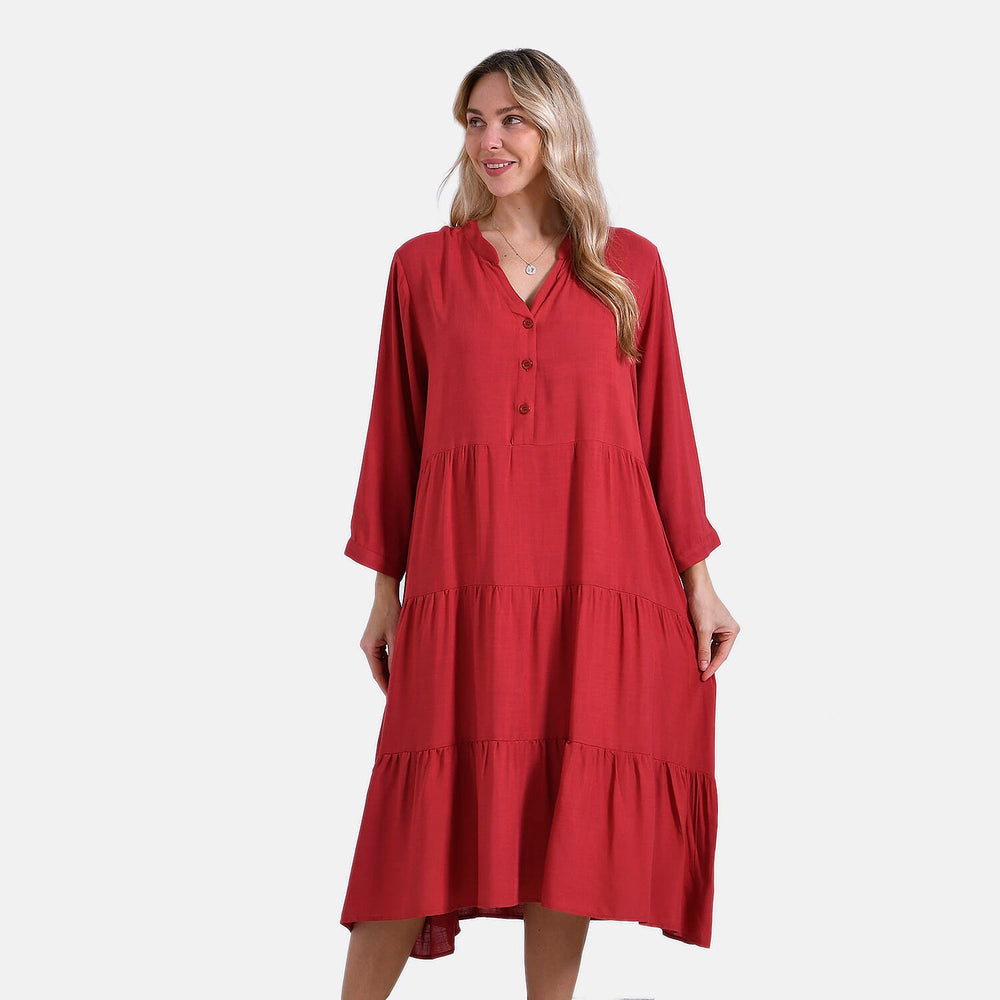 - Maisi Flowy Boho V-Neck Tiered Dress (One Size) - Orange