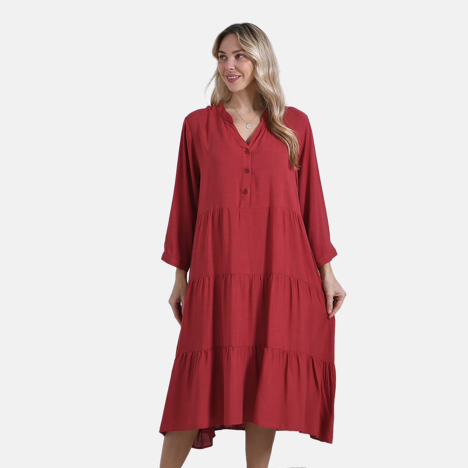 - Maisi Flowy Boho V-Neck Tiered Dress (One Size) - Orange