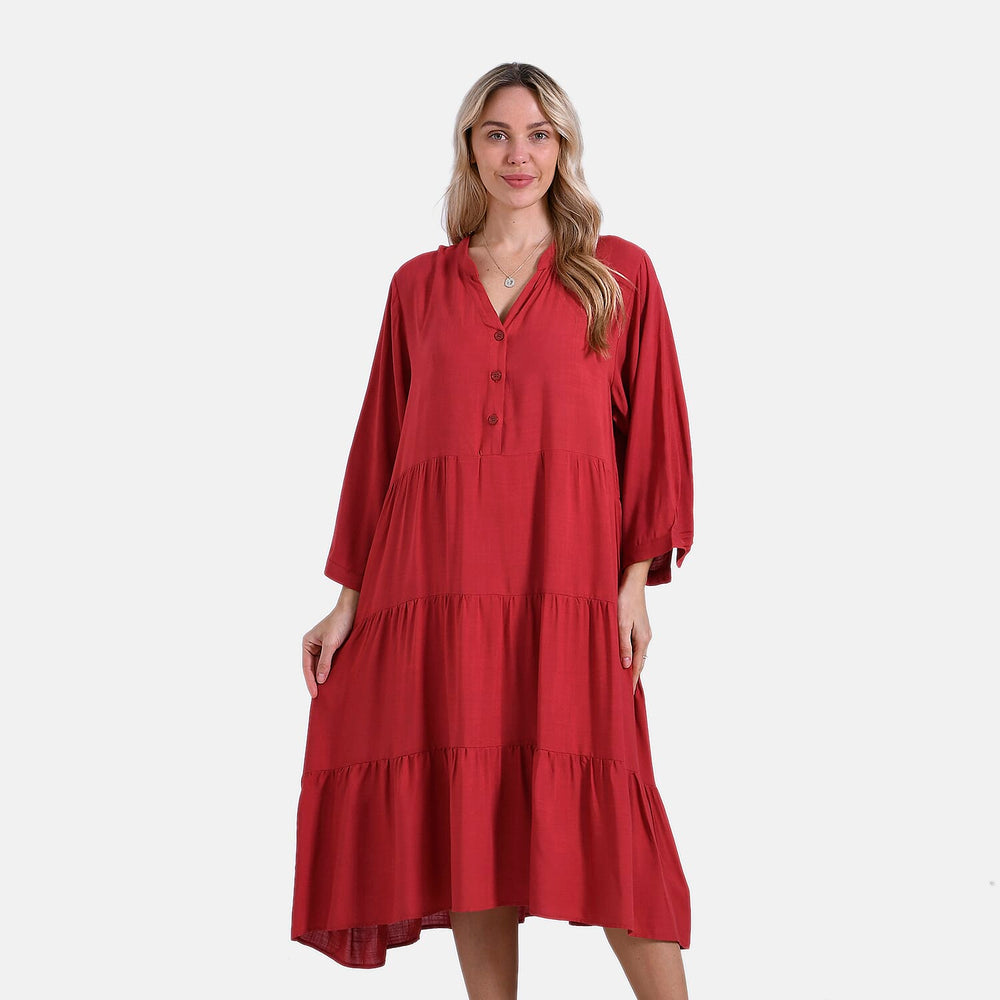 - Maisi Flowy Boho V-Neck Tiered Dress (One Size) - Orange