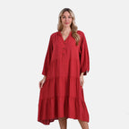 - Maisi Flowy Boho V-Neck Tiered Dress (One Size) - Orange