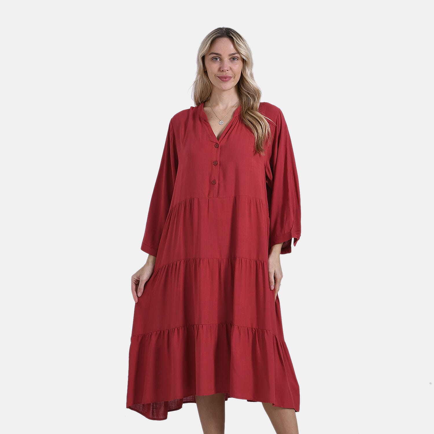 - Maisi Flowy Boho V-Neck Tiered Dress (One Size) - Orange