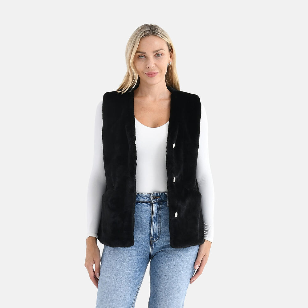 - Maisi Faux Fur Half-Sleeve Luxe Gilet Coat with Button Detail (Size S-M) - Black