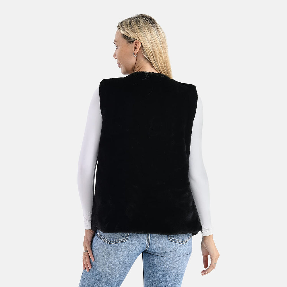 - Maisi Faux Fur Half-Sleeve Luxe Gilet Coat with Button Detail (Size S-M) - Black